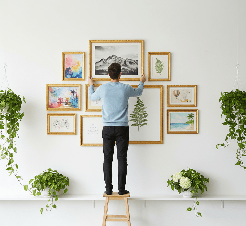Man on wooden stool arranging comprehensive Museum Gold custom frames gallery wall featuring large black and white mountain landscape centerpiece with dramatic peaks and cloudy sky surrounded by colorful watercolor tropical beach scene fern botanical prints geometric abstract art and hot air balloon illustration with cascading pothos plants demonstrating versatility of museum-quality ornate gold moulding with 1.125 inch stepped profile hand-carved acanthus leaf scrollwork and delicate beading for mixed media botanical and landscape gallery wall displays
