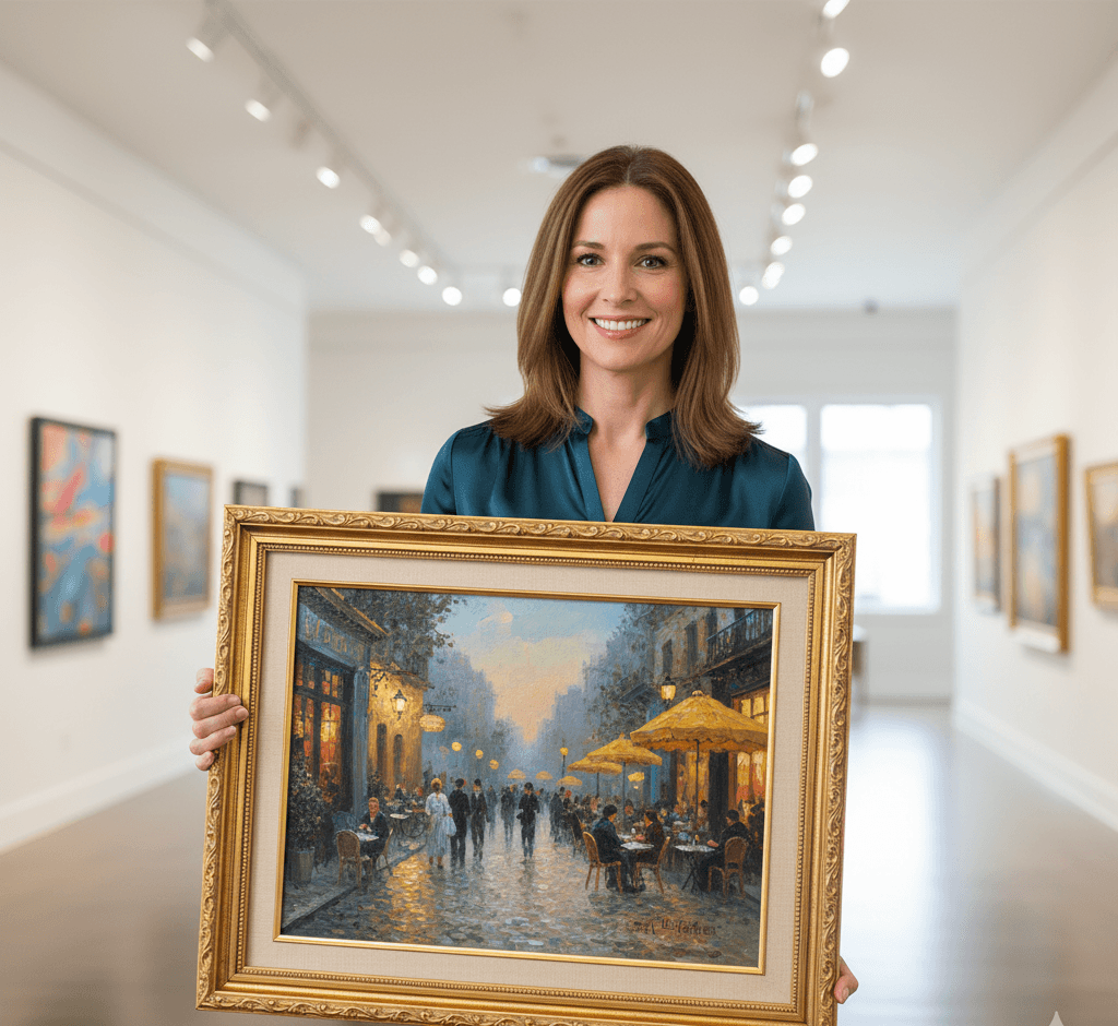 Professional art gallery curator in contemporary white gallery space presenting large Museum Gold picture frame displaying romantic Parisian evening street scene oil painting with glowing gas lamps wet cobblestones outdoor cafe with yellow umbrellas strolling couples and blue dusk atmosphere with abstract modern art visible in background demonstrating exquisite museum-quality ornate gold finish with traditional 1.125 inch stepped profile hand-carved acanthus leaf scrollwork and delicate beading for impressionist Parisian art romantic cityscape and European travel paintings in professional gallery settings