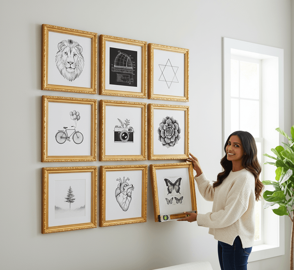 Woman arranging Museum Gold custom frames 3x3 grid gallery wall featuring minimalist black and white line art collection including lion portrait technical architectural dome drawing Star of David geometry bicycle with balloons vintage camera with foliage succulent and anatomical heart with butterfly creating unified modern display demonstrating museum-quality ornate gold finish with 1.125 inch stepped profile hand-carved acanthus leaf scrollwork and delicate beading for minimalist line art and comprehensive monochromatic gallery walls