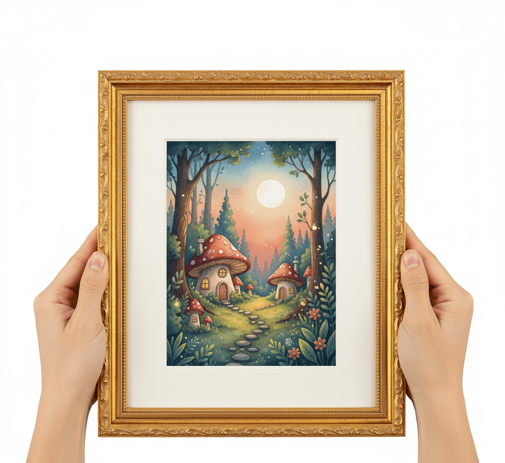 Hands holding Museum Gold custom frame displaying whimsical fantasy illustration featuring enchanted red spotted mushroom cottage houses with glowing windows stone pathway through magical forest with evergreen trees fireflies full moon peach gradient sky and lush botanical foliage with white matting demonstrating museum-quality ornate gold finish with 1.125 inch stepped profile hand-carved acanthus leaf scrollwork and delicate beading for children's book illustration fantasy art storybook scenes and whimsical woodland artwork framing