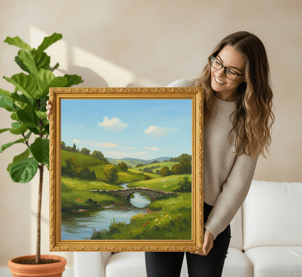 Woman presenting large Museum Gold picture frame displaying serene English countryside oil painting with pastoral landscape featuring stone bridge arched over reflective stream lush green rolling hills wildflowers and cloudy blue sky beside fiddle leaf fig plant demonstrating museum-quality ornate gold finish with traditional 1.125 inch stepped profile hand-carved acanthus leaf scrollwork and delicate beading for classical landscape and impressionist countryside artwork framing