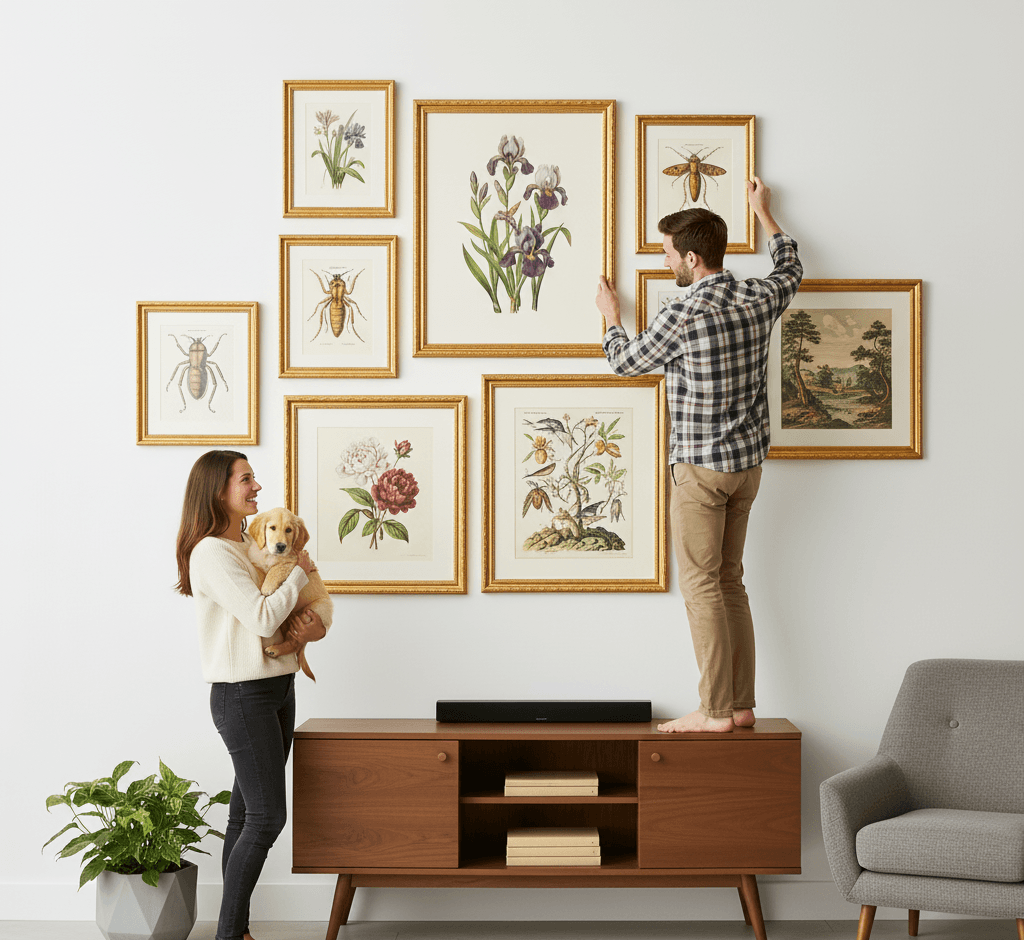 Couple with golden retriever puppy arranging comprehensive Museum Gold custom frames TV gallery wall featuring vintage botanical illustrations including purple iris watercolor with scientific labels golden bee specimen moth orange tiger lily peony and comprehensive wildflower botanical prints above mid-century modern walnut media console creating cohesive nature inspired display demonstrating museum-quality ornate gold finish with traditional 1.125 inch stepped profile hand-carved acanthus leaf scrollwork and delicate beading for botanical art and natural history illustration collections