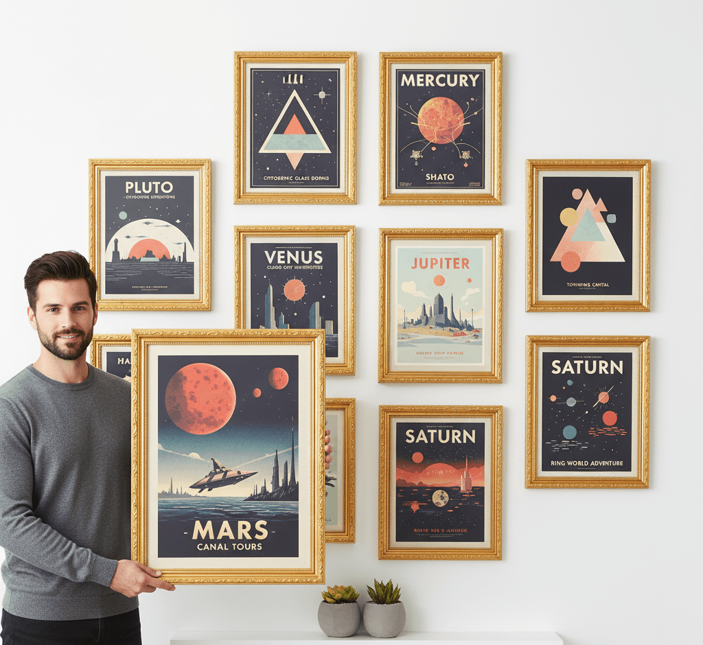 Professional presenting comprehensive Museum Gold picture frames vintage space travel poster gallery featuring large Mars Canal Tours centerpiece with red planet spacecraft and futuristic cityscape surrounded by Pluto Venus Mercury Jupiter Saturn geometric designs creating complete mid-century modern astronomy collection demonstrating museum-quality ornate gold finish with 1.125 inch stepped profile hand-carved acanthus leaf scrollwork and delicate beading for retro space age poster and planetary tourism artwork displays