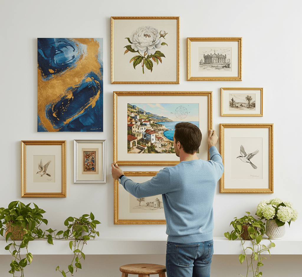 Man arranging comprehensive mixed finish gallery wall featuring Museum Gold ornate frames with Mediterranean coastal village oil painting centerpiece white peony botanical illustration vintage architectural etchings alongside blue and gold abstract geode painting and naturalist bird sketches with cascading pothos plants demonstrating versatility of museum-quality ornate gold moulding with 1.125 inch stepped profile hand-carved acanthus leaf scrollwork and delicate beading coordinating with modern abstract art for eclectic gallery wall displays