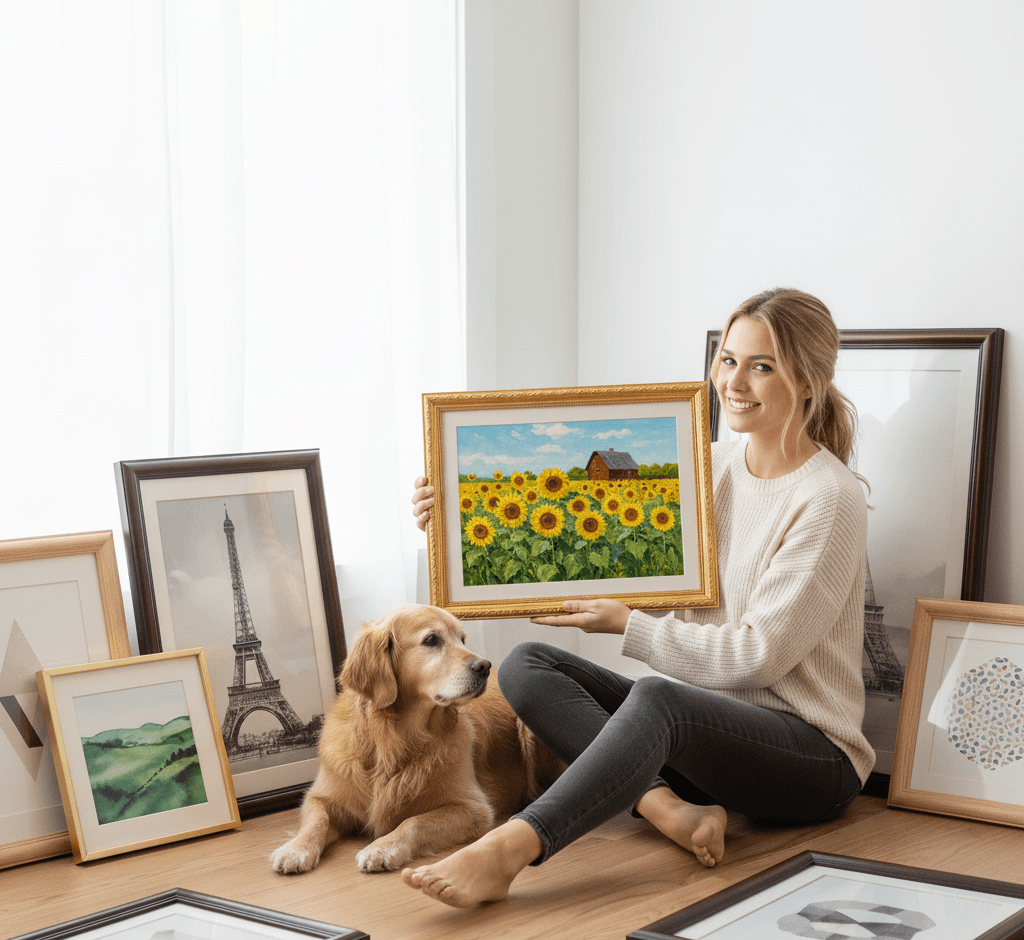 Woman with golden retriever presenting Museum Gold custom frame displaying vibrant sunflower field oil painting with yellow blooms blue sky and red barn surrounded by mixed finish frames featuring Paris Eiffel Tower photography watercolor landscapes and decorative botanical prints demonstrating museum-quality ornate gold finish with traditional 1.125 inch stepped profile hand-carved acanthus leaf scrollwork and delicate beading for pastoral landscape and impressionist countryside artwork framing