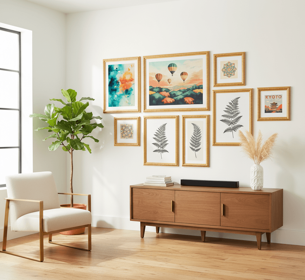 Museum Gold picture frames nine piece modern gallery wall above mid-century walnut credenza featuring large colorful hot air balloon sunset landscape centerpiece surrounded by abstract watercolor teal orange splashes fern botanical prints Kyoto travel poster and mandala geometric patterns creating balanced contemporary display demonstrating versatility of museum-quality ornate gold moulding with 1.125 inch stepped profile hand-carved acanthus leaf scrollwork and delicate beading for mixed media modern art and travel photography collections