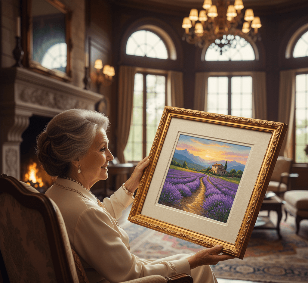 Elegant woman in traditional manor library presenting Museum Gold custom frame displaying vibrant Provence lavender field oil painting with purple rows golden pathway stone farmhouse and sunset mountain vista beside fireplace with crystal chandelier and arched windows demonstrating exquisite ornate gold finish with museum-quality 1.125 inch stepped profile hand-carved acanthus leaf moulding and delicate beading for classical landscape and French countryside impressionist artwork framing