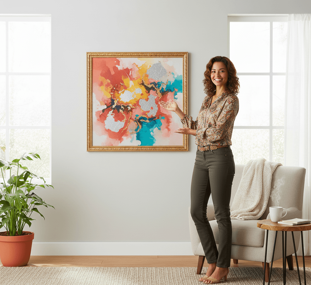 Woman presenting large Museum Gold picture frame displaying vibrant textured abstract expressionist painting with explosive coral orange turquoise teal blue palette energetic brushstrokes and dynamic impasto composition in bright contemporary living room demonstrating museum-quality ornate gold finish with 1.125 inch stepped profile hand-carved acanthus leaf scrollwork and delicate beading ideal for contemporary abstract art modern expressionism and bold statement artwork framing