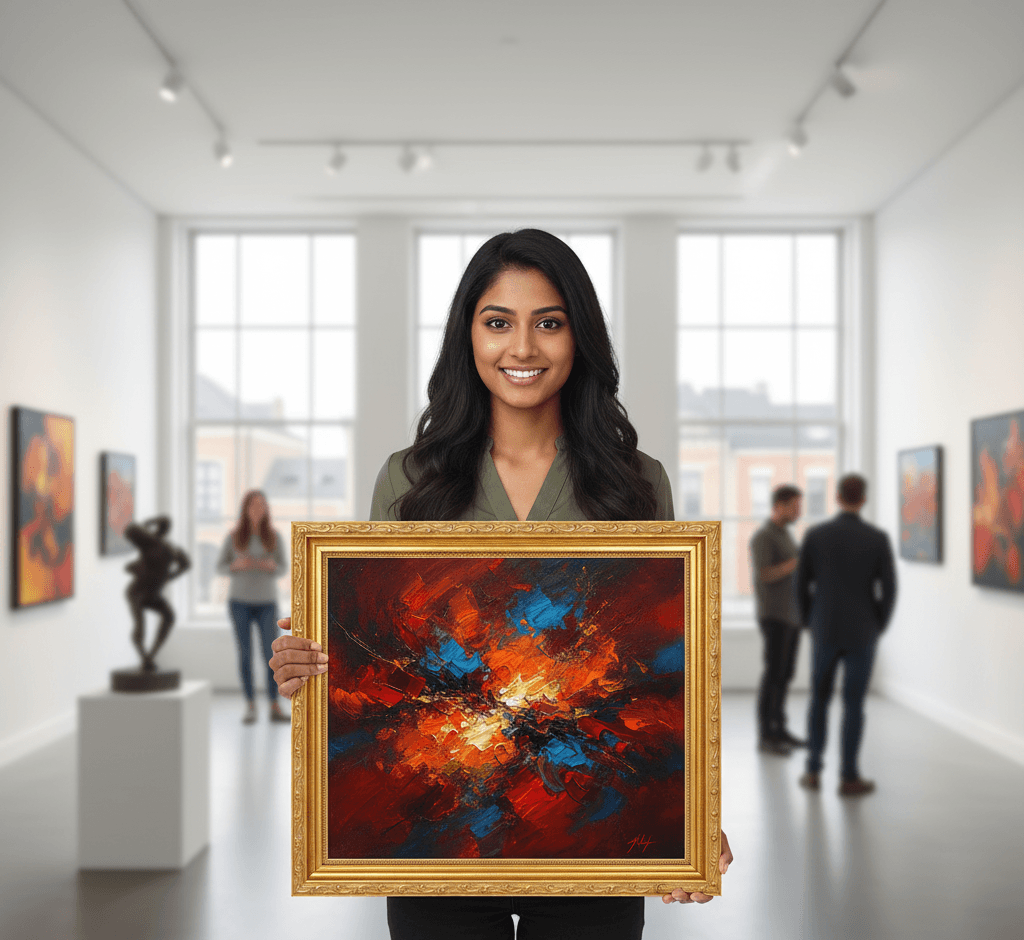 Professional art curator in contemporary gallery presenting Museum Gold picture frame displaying bold abstract expressionist painting with explosive deep red crimson orange navy blue palette knife brushstrokes dramatic impasto texture and gestural marks creating powerful composition with gallery visitors and sculpture demonstrating museum-quality ornate gold finish with traditional 1.125 inch stepped profile hand-carved acanthus leaf scrollwork and delicate beading ideal for abstract expressionism and contemporary fine art framing