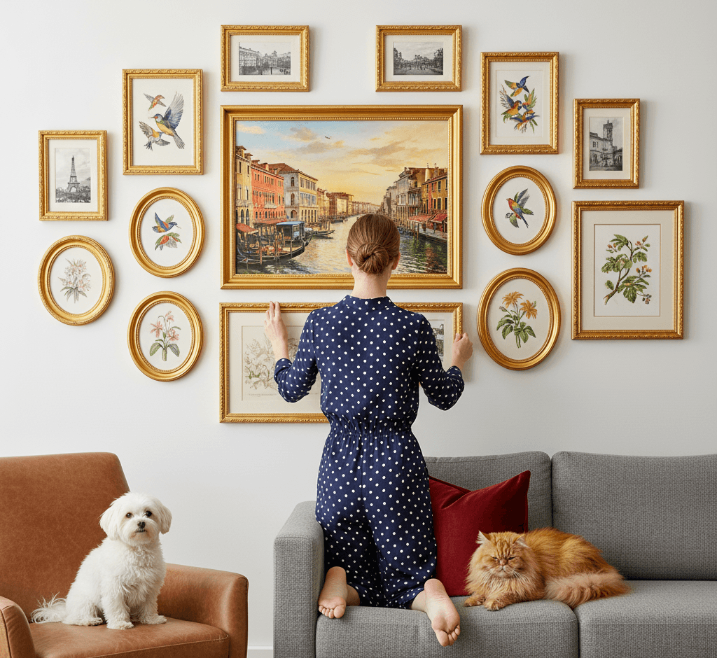 Woman with white Maltese dog and orange Persian cat arranging comprehensive Museum Gold custom frames mixed shape gallery wall featuring large Venice Grand Canal oil painting centerpiece with gondolas sunset and historic architecture surrounded by oval and rectangular frames with colorful hummingbird botanical illustrations orchid watercolors vintage Parisian etchings and decorative floral prints creating sophisticated European travel inspired display demonstrating museum-quality ornate gold moulding with traditional 1.125 inch stepped profile hand-carved acanthus leaf scrollwork and delicate beading for mixed frame shape arrangements