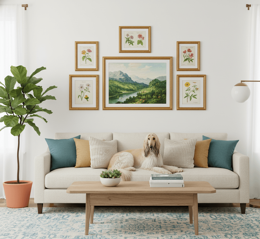 Museum Gold picture frames symmetrical seven piece gallery wall above beige linen sofa with Afghan hound featuring large mountain lake landscape oil painting centerpiece with evergreen forests surrounded by vintage botanical zinnia daisy and rose illustrations creating cohesive nature inspired display with teal and golden pillows demonstrating museum-quality ornate gold finish with traditional 1.125 inch stepped profile hand-carved acanthus leaf moulding and delicate beading for symmetrical botanical art and landscape painting arrangements