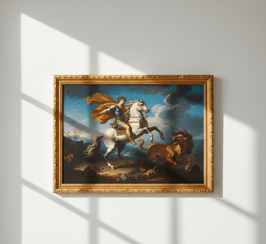 Museum Gold custom frame displaying dramatic classical equestrian oil painting featuring warrior in flowing orange cape on rearing white horse battling mythical lion beast with stormy blue sky and baroque composition on textured wall with dramatic window light shadows demonstrating exquisite ornate gold finish with traditional 1.125 inch stepped profile hand-carved acanthus leaf scrollwork and delicate beading ideal for Old Master paintings classical equestrian art and baroque historical artwork framing