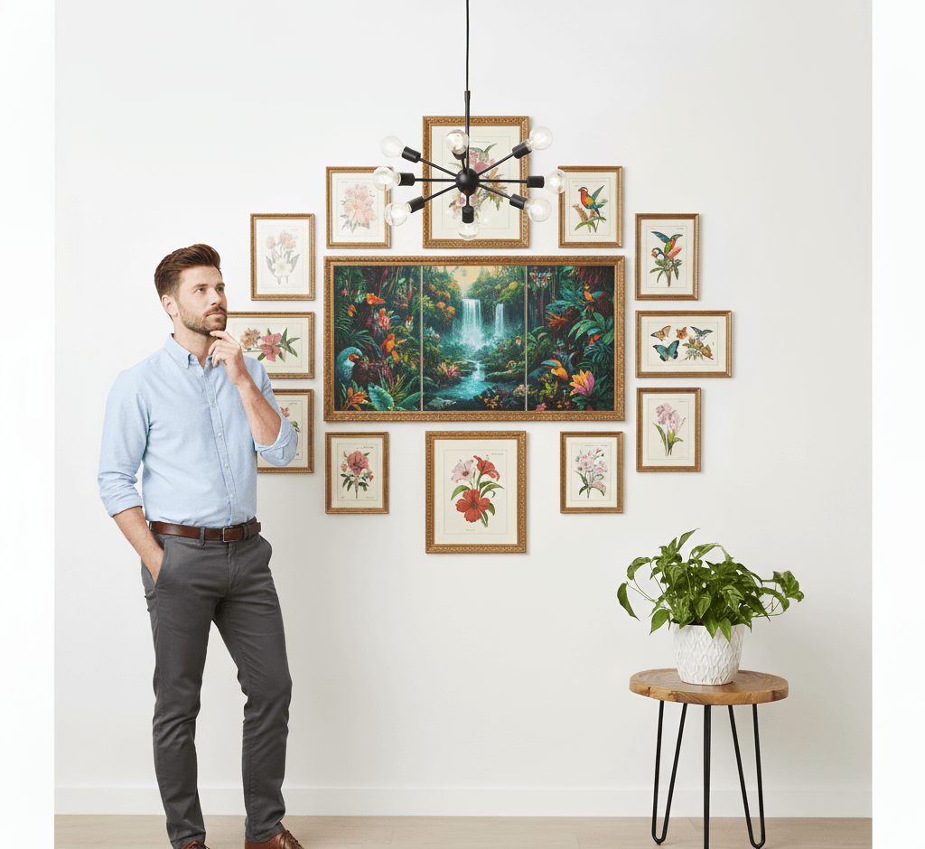 Professional admiring comprehensive Museum Gold custom frames gallery wall featuring large tropical jungle waterfall triptych painting centerpiece with lush green foliage vibrant macaw parrots exotic birds and cascading turquoise water surrounded by vintage botanical floral illustrations including orchids amaryllis and decorative wildflowers creating immersive nature display demonstrating museum-quality ornate gold moulding with 1.125 inch stepped profile hand-carved acanthus leaf scrollwork and delicate beading for botanical art and tropical wildlife painting collections