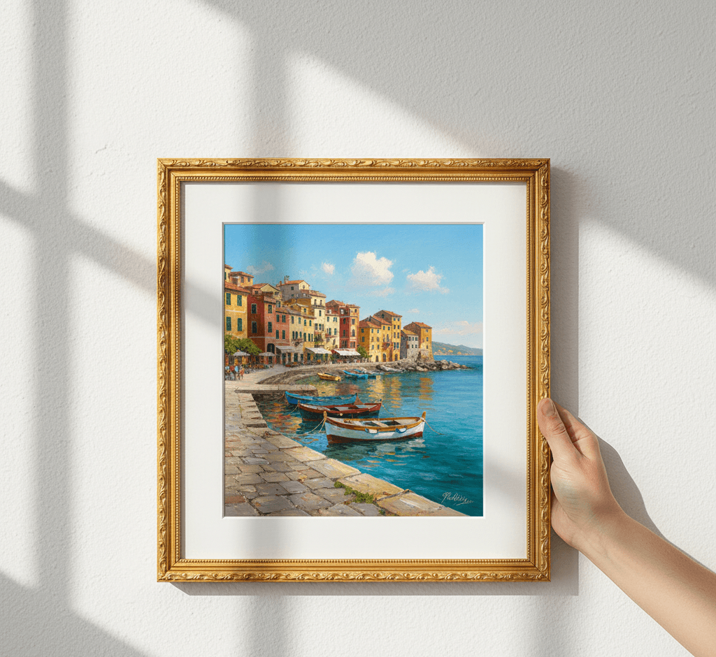 Hand holding Museum Gold picture frame displaying vibrant Italian coastal village oil painting with colorful Cinque Terre architecture including pink yellow orange terracotta buildings beside turquoise Mediterranean harbor with traditional fishing boats and mountain backdrop on neutral wall with natural window light shadows showcasing rich ornate gold finish with museum-quality 1.125 inch stepped profile hand-carved acanthus leaf moulding and delicate beading for European travel artwork and Mediterranean coastal landscape framing