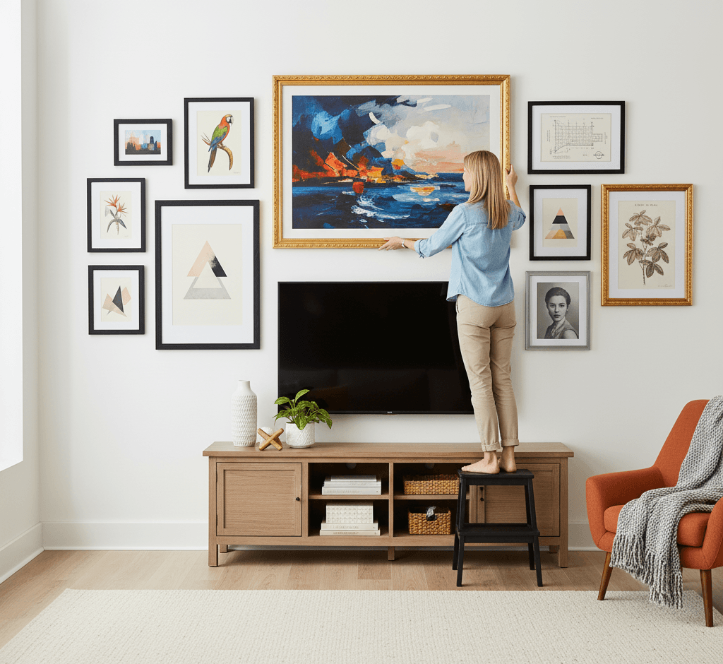 Woman standing on media console arranging comprehensive Museum Gold custom frames TV gallery wall featuring large dramatic seascape oil painting centerpiece with stormy blue sky billowing clouds boats and turbulent ocean surrounded by mixed finish frames with parrot bird illustration botanical prints geometric abstract shapes vintage portrait photography and architectural etchings creating eclectic display demonstrating museum-quality ornate gold finish with traditional 1.125 inch stepped profile hand-carved acanthus leaf scrollwork and delicate beading for mixed media TV gallery wall arrangements