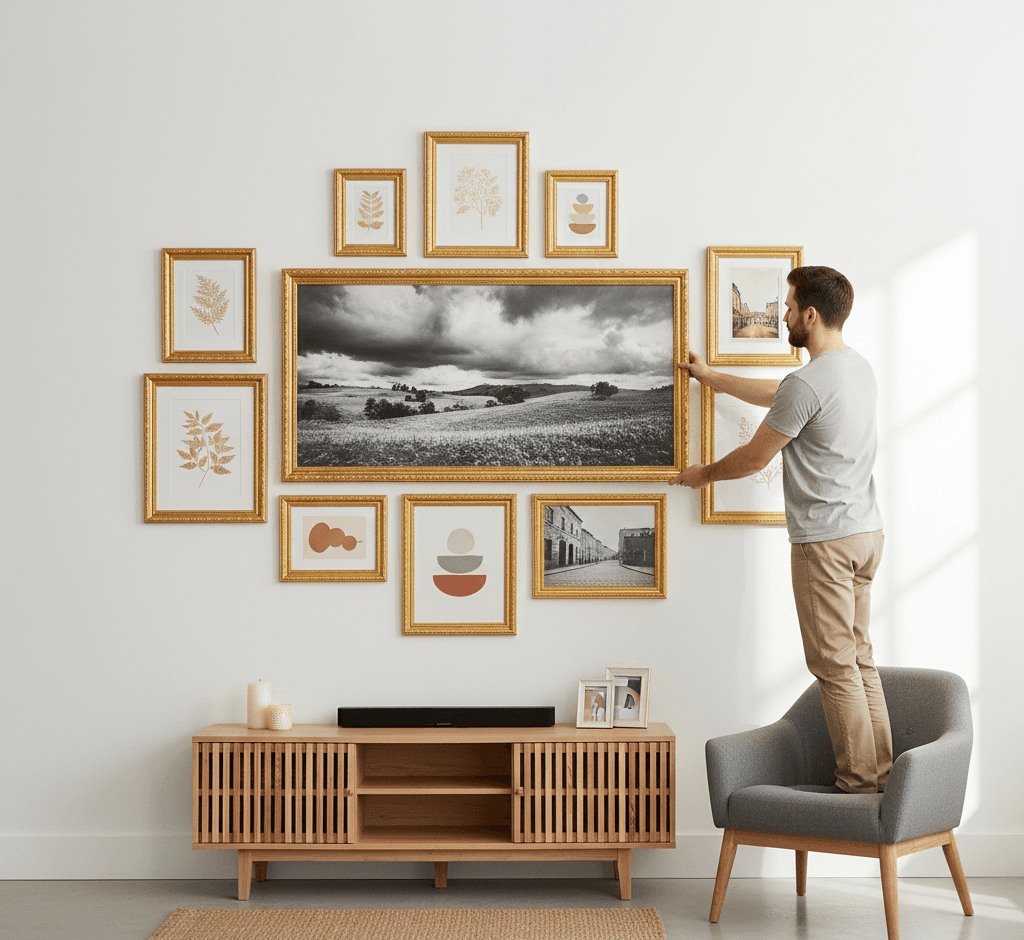 Man on gray chair arranging comprehensive Museum Gold custom frames gallery wall featuring large dramatic black and white landscape photography centerpiece with stormy clouds rolling hills surrounded by minimalist botanical fern prints geometric terracotta shapes vintage European architectural street scenes above mid-century modern walnut media console creating cohesive contemporary display demonstrating museum-quality ornate gold finish with traditional 1.125 inch stepped profile hand-carved acanthus leaf scrollwork and delicate beading for comprehensive monochromatic photography and mixed media gallery walls