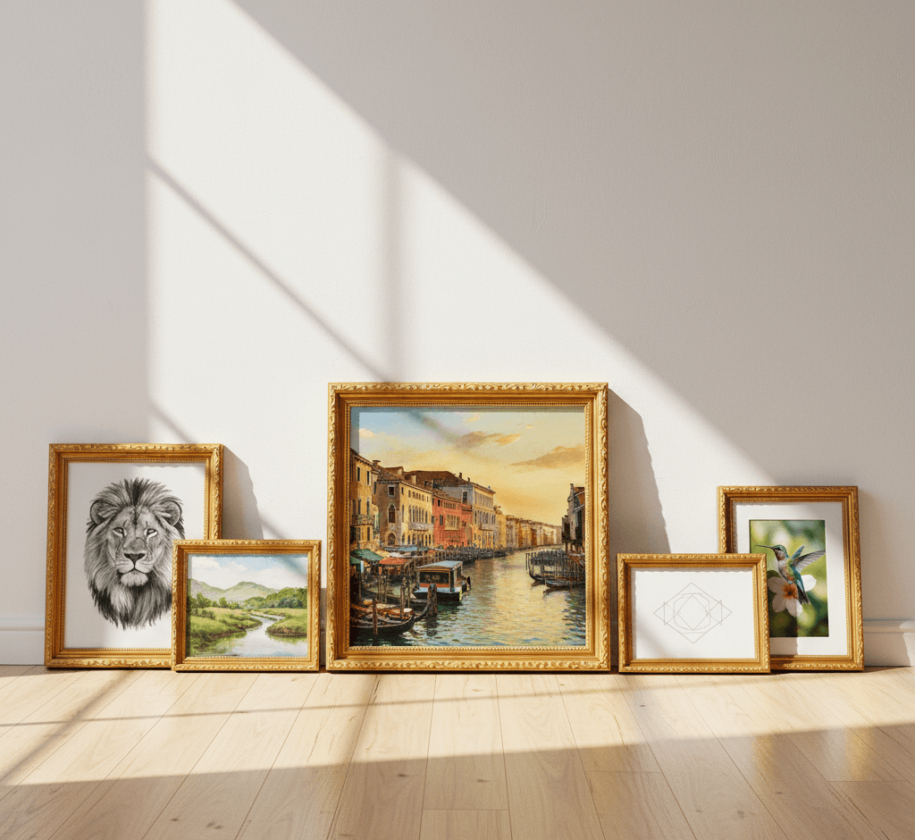 Museum Gold custom frames five piece floor display leaning against white wall featuring large Venice Grand Canal oil painting centerpiece with colorful architecture gondolas and sunset beside smaller frames with dramatic black and white lion portrait watercolor landscape geometric mandala and vibrant hummingbird botanical illustration on light wood floor with dramatic window shadows demonstrating museum-quality ornate gold finish with 1.125 inch stepped profile hand-carved acanthus leaf scrollwork and delicate beading for mixed size custom frame displays and European travel artwork