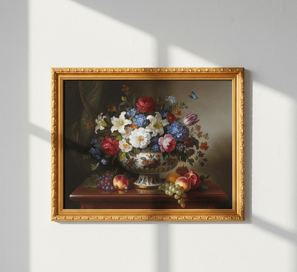 Museum Gold picture frame displaying classical Dutch still life oil painting featuring ornate floral arrangement with white lilies red roses pink peonies blue hydrangeas purple tulips in decorative porcelain vase with fresh fruit grapes peaches pomegranate on mahogany table and butterfly detail on textured wall with dramatic natural window light demonstrating exquisite museum-quality ornate gold finish with traditional 1.125 inch stepped profile hand-carved acanthus leaf scrollwork and delicate beading ideal for Old Master still life paintings classical Dutch art and formal botanical artwork framing