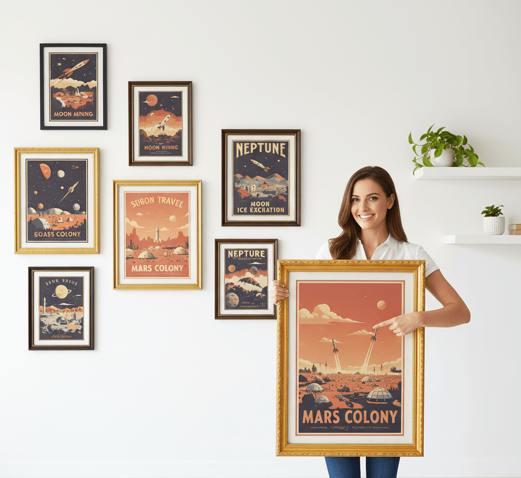 Woman presenting Museum Gold custom frame displaying large vintage Mars Colony travel poster with retro orange red planet domed settlement and rockets beside comprehensive mixed finish gallery wall featuring Moon Mining Neptune Ice Excavation Soars Colony and vintage space exploration posters with pothos plant demonstrating versatility of museum-quality ornate gold moulding with 1.125 inch stepped profile hand-carved acanthus leaf scrollwork and delicate beading coordinating with dark finish frames for retro space age poster and mid-century modern astronomy artwork collections