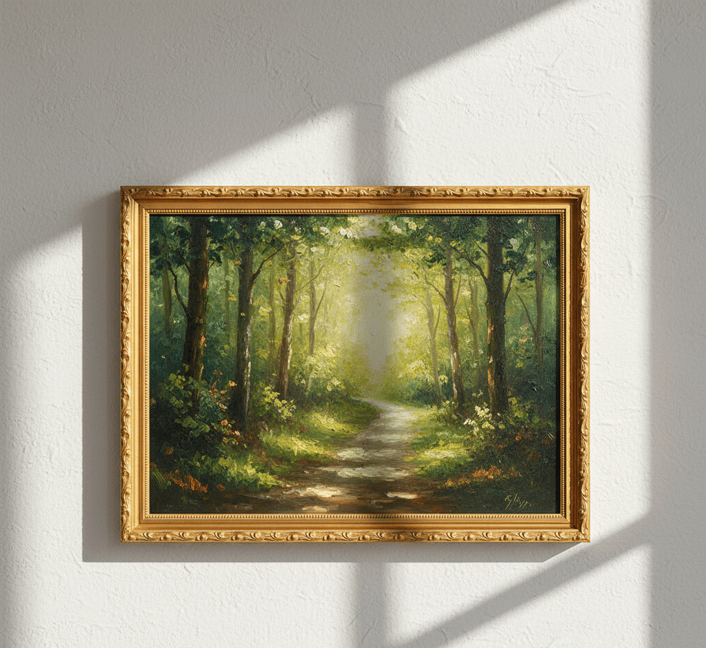Museum Gold picture frame displaying serene forest path landscape oil painting with dramatic sunlight filtering through lush green tree canopy illuminating winding dirt road ferns and foliage on textured gray wall with striking diagonal window light shadows creating atmospheric display demonstrating museum-quality ornate gold finish with traditional 1.125 inch stepped profile hand-carved acanthus leaf scrollwork and delicate beading for classical landscape paintings impressionist nature scenes and woodland forest artwork framing