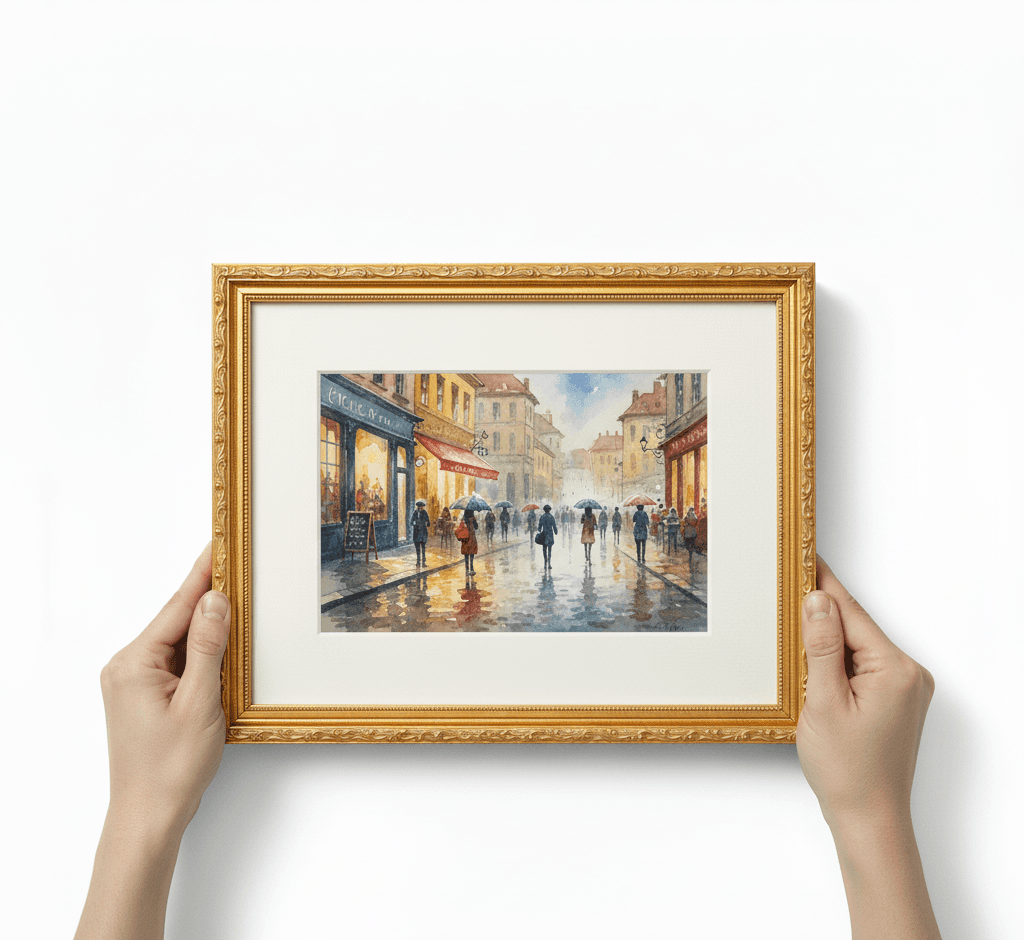 Hands holding Museum Gold custom frame displaying charming European rainy street scene watercolor painting with pedestrians carrying colorful umbrellas walking on wet cobblestones past yellow orange and red buildings with glowing cafe windows and blue cloudy sky with white matting demonstrating museum-quality ornate gold finish with 1.125 inch stepped profile hand-carved acanthus leaf scrollwork and delicate beading for European travel watercolors rainy Paris street scenes and impressionist cityscape artwork framing
