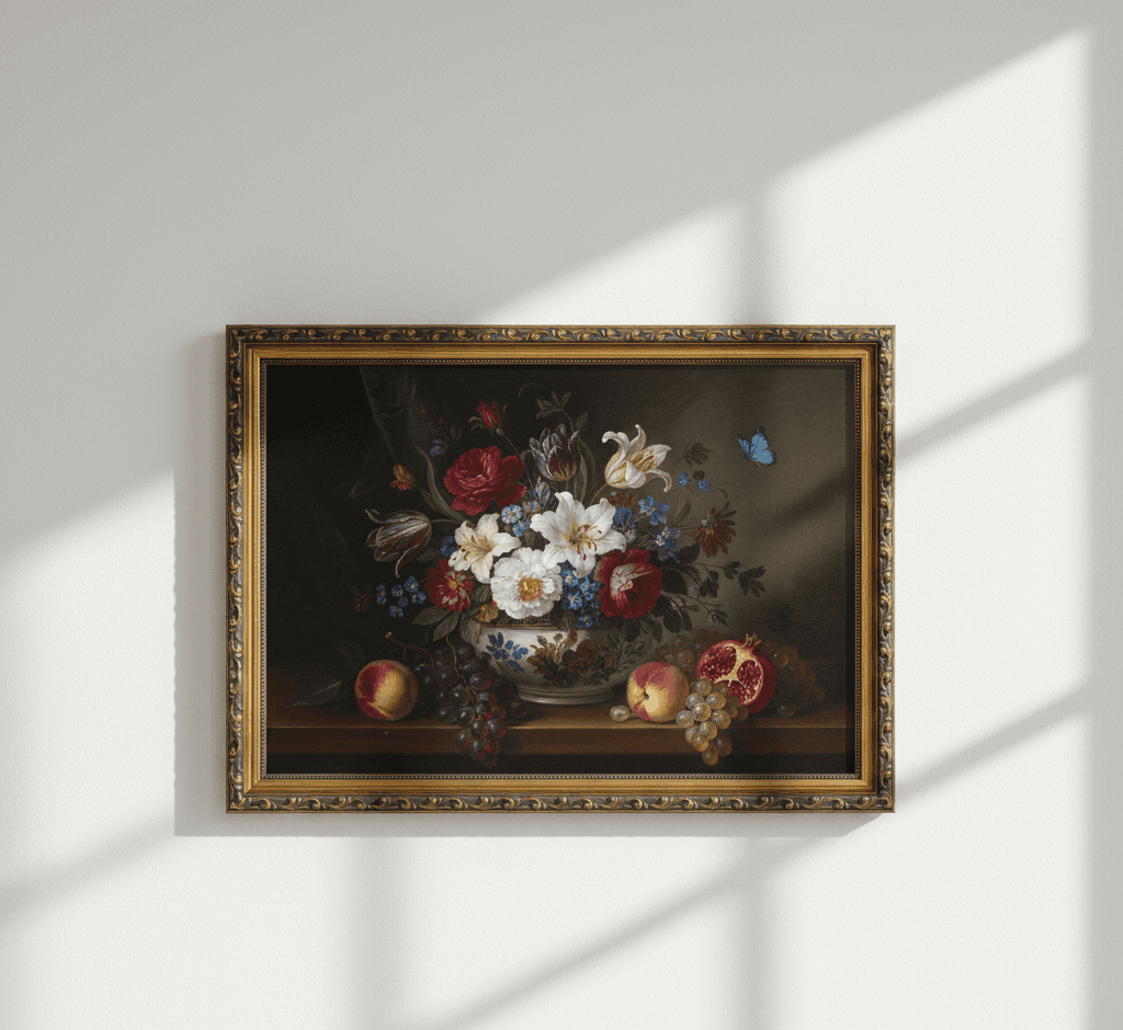Museum Black picture frame displaying classical Dutch still life oil painting featuring ornate floral arrangement with deep red crimson roses white cream peonies purple tulips blue forget me nots in decorative ceramic vase with fresh fruit peaches pomegranate grapes on mahogany table and butterfly detail on textured wall with dramatic natural window light demonstrating exquisite ornate gold finish with museum-quality 1.125 inch moulding and elegant black decorative scrollwork for Old Master still life paintings classical Dutch floral art and formal botanical artwork framing
