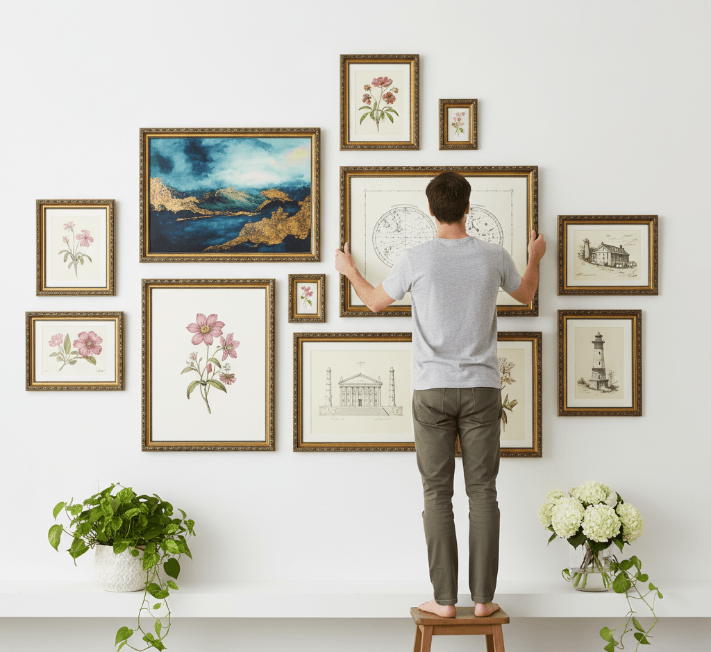 Man arranging comprehensive Museum Black custom frames gallery wall featuring large dramatic blue mountain landscape watercolor painting centerpiece with gold leaf accents surrounded by mixed size frames with vintage world map celestial charts Marrakesh travel poster colorful butterfly illustrations hot air balloon prints and black and white snow photography above modern console with potted plants demonstrating museum-quality ornate gold finish with 1.125 inch moulding and elegant black decorative scrollwork channel for eclectic mixed media and travel inspired gallery walls