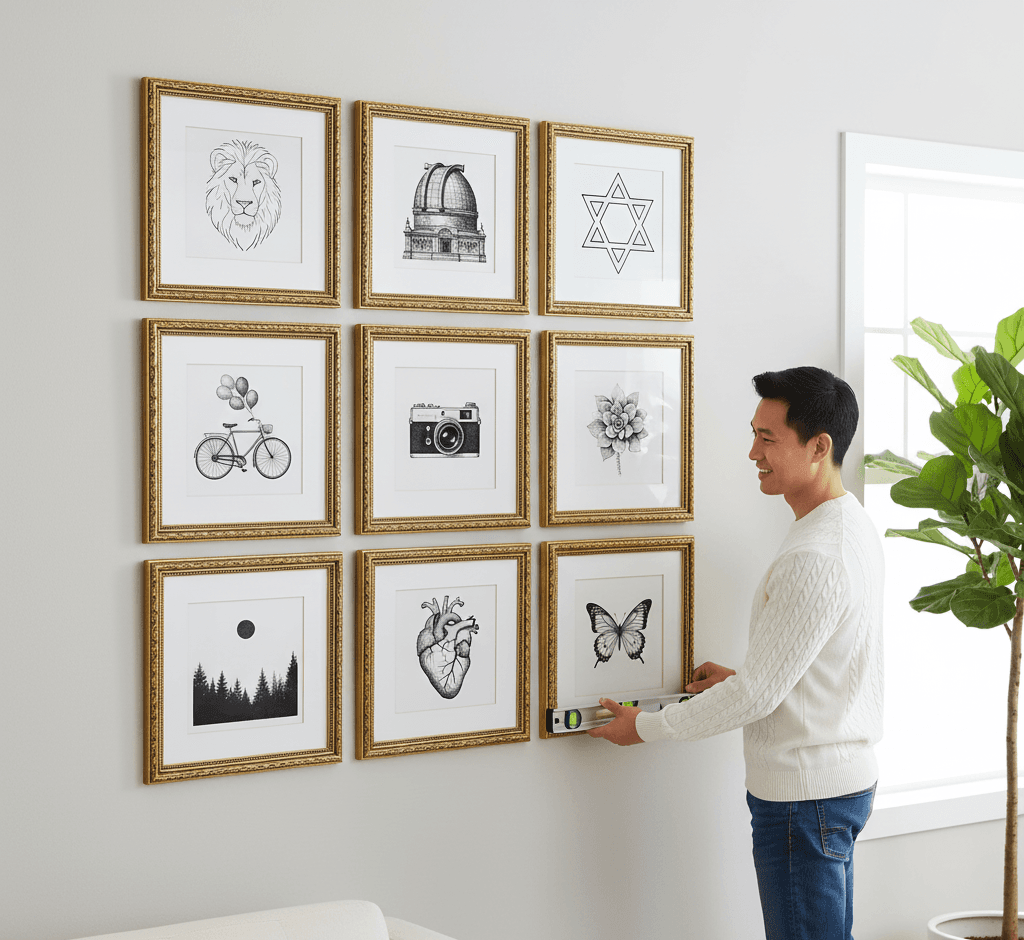 Man arranging Museum Black custom frames 3x3 grid gallery wall featuring minimalist black and white line art collection including lion portrait technical architectural dome drawing Star of David geometry bicycle with balloons vintage camera with foliage succulent forest treeline and anatomical heart with butterfly creating unified modern display demonstrating museum-quality ornate gold finish with elegant 1.125 inch moulding and classical black accent detailing for minimalist line art and comprehensive monochromatic gallery walls