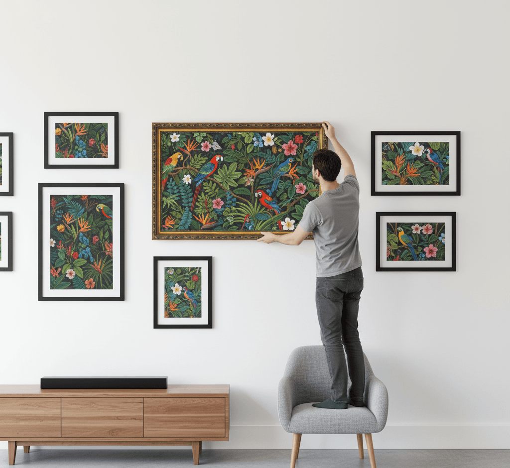 Man standing on gray chair arranging comprehensive Museum Black custom frames gallery wall featuring vibrant tropical jungle parrot botanical illustration collection with scarlet macaws blue and yellow macaws green parrots colorful plumage palm fronds exotic flowers and lush foliage creating cohesive nature display above modern media console demonstrating museum-quality ornate gold finish with classical 1.125 inch moulding and intricate black accent detailing coordinated across multiple frames for botanical art and tropical bird illustration collections