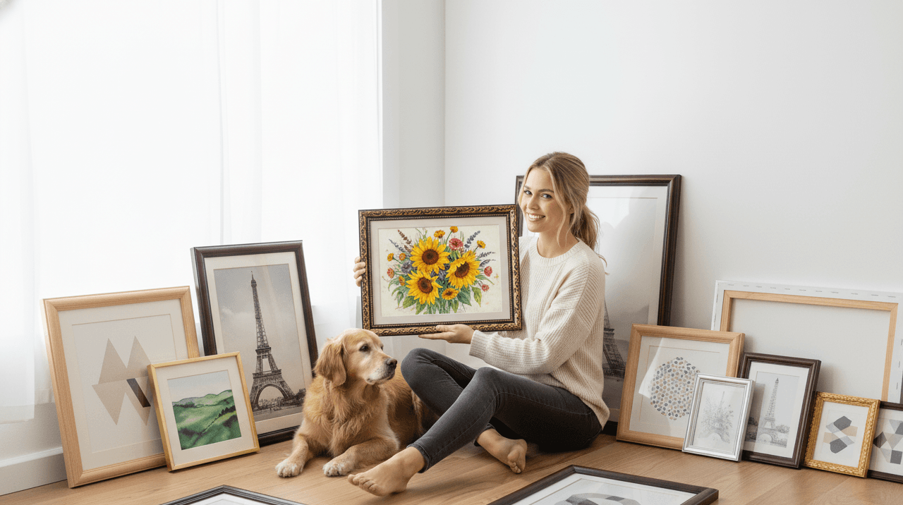 Woman with golden retriever and mixed finish picture frames floor display leaning against white wall featuring Museum Black custom frame with vibrant sunflower field oil painting centerpiece with yellow blooms blue sky and red barn beside various wood finish frames displaying Paris Eiffel Tower photography geometric mountains watercolor landscapes and botanical prints on light wood floor demonstrating versatility of museum-quality ornate gold finish with 1.125 inch moulding and elegant black accent detailing coordinating with natural wood frames for mixed finish displays