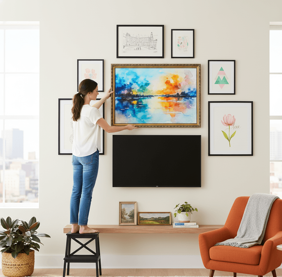 Woman arranging comprehensive mixed finish TV gallery wall featuring Museum Black ornate gold custom frame displaying large vibrant watercolor sunset lake landscape painting centerpiece with orange yellow pink purple sky reflecting over water and silhouetted treeline surrounded by modern black picture frames with architectural etchings geometric prints and botanical watercolors demonstrating how museum-quality ornate gold finish with 1.125 inch moulding and classical black accent detailing coordinates beautifully with contemporary black frames for eclectic mixed finish gallery wall arrangements