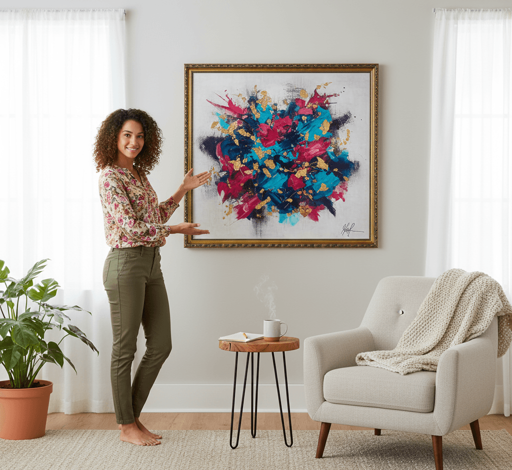 Woman presenting large Museum Black custom frame displaying bold abstract expressionist painting with explosive magenta pink turquoise blue navy palette dramatic gold leaf accents gestural brushstrokes and dynamic composition in contemporary living room with beige chair and potted plants demonstrating museum-quality ornate gold finish with classical 1.125 inch moulding and intricate black decorative scrollwork ideal for contemporary abstract art modern expressionism and gold leaf accent artwork framing