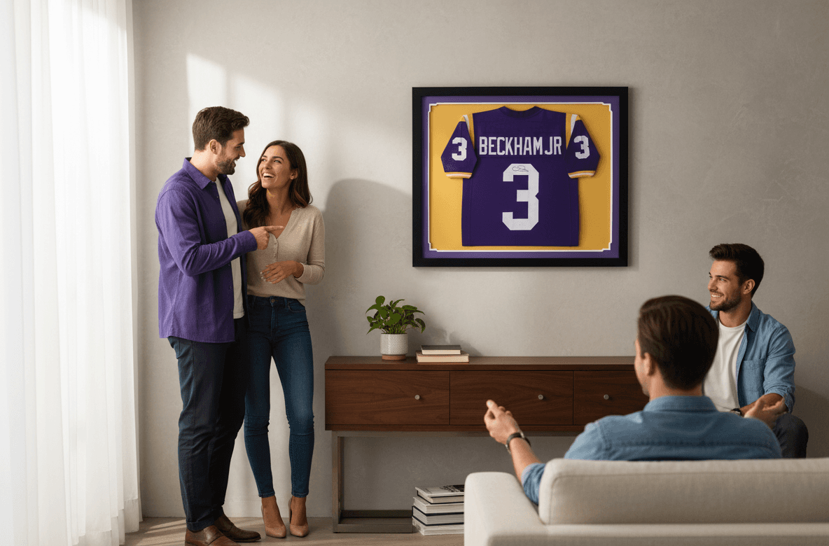 Matte black jersey shadowbox frame with purple and gold team color triple matting displaying LSU Tigers Odell Beckham Jr number 3 college football jersey in modern living room demonstrating professional NCAA jersey framing using 1 inch moulding and 2 inch depth for authentic sports memorabilia picture frames