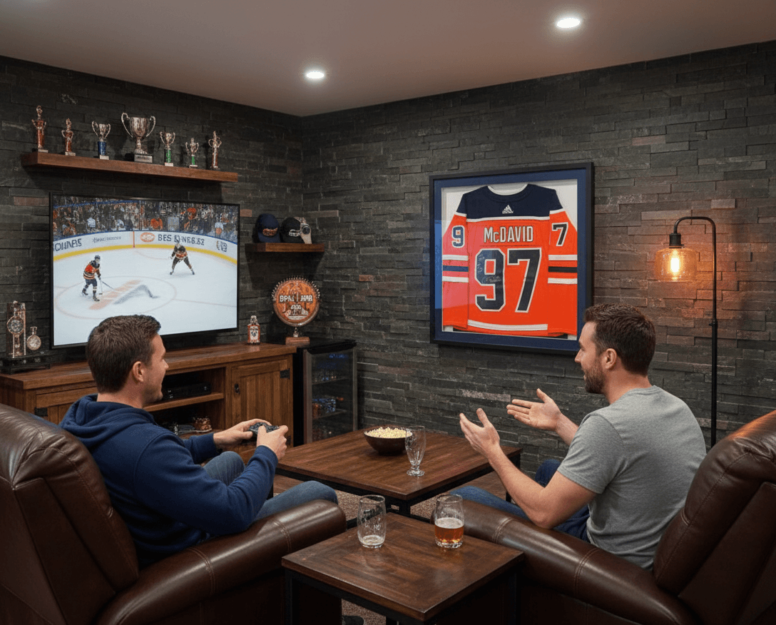 Extra deep black shadowbox picture frame with blue and white team color matting showcasing Edmonton Oilers Connor McDavid number 97 NHL hockey jersey in contemporary man cave setting demonstrating professional hockey jersey framing using 2 inch depth capacity for autographed sports memorabilia shadowbox displays