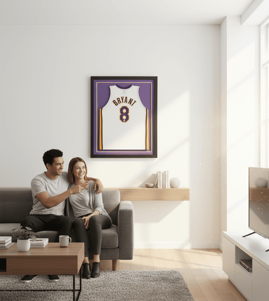 Deep matte black jersey frame with purple yellow and white triple matting displaying Los Angeles Lakers Kobe Bryant number 8 white basketball jersey in minimalist living room demonstrating museum-quality NBA jersey framing using acid-free conservation matting and 2 inch depth for investment-grade sports memorabilia picture frames
