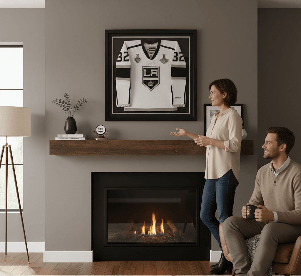 Matte black jersey shadowbox picture frame with silver and black team color triple matting showcasing Los Angeles Kings Jonathan Quick number 32 white NHL jersey displayed above fireplace mantel in contemporary living room demonstrating professional hockey jersey framing using 2 inch depth for oversized sports memorabilia displays