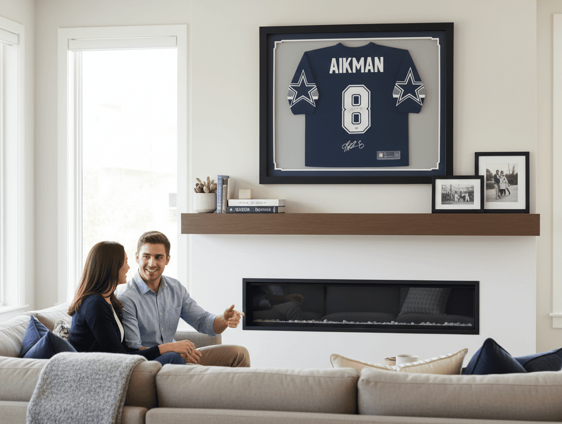 Deep black shadowbox frame with navy and white team color matting displaying Dallas Cowboys Troy Aikman number 8 autographed NFL jersey in bright modern living room demonstrating professional football jersey framing using acid-free conservation matting and 2 inch depth capacity for signed sports memorabilia picture frames