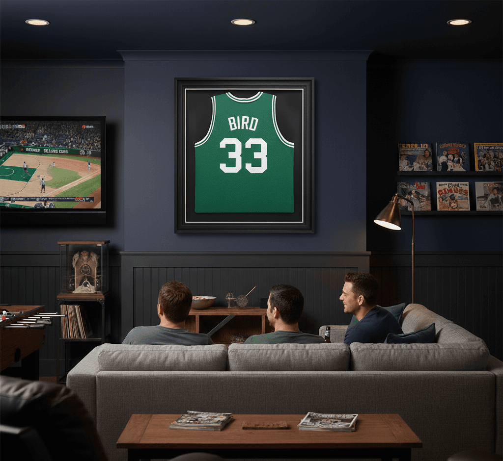 Deep black shadowbox picture frame with green and white team color triple matting displaying Boston Celtics Larry Bird number 33 iconic NBA basketball jersey in sophisticated dark wall entertainment room demonstrating museum-quality jersey framing using conservation-grade materials and 2 inch depth capacity for investment sports memorabilia picture frames