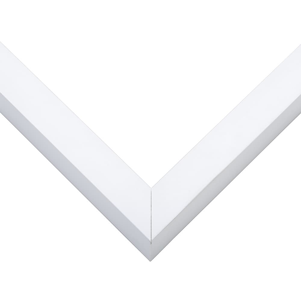 Extra Deep Bright White corner detail showing precision mitered joint with clean white finish and 1 inch moulding width with 2 inch usable depth perfect for professional deep shadowbox displays