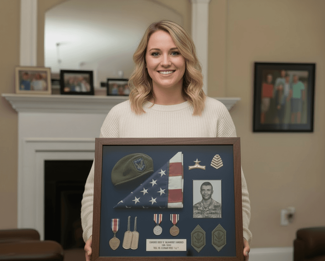 Woman holding military service shadowbox with folded flag, medals, and beret in walnut frame for tribute display