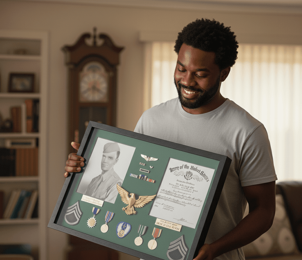 Man admiring historical military shadowbox with eagle emblem, certificates, and medals in walnut frame display