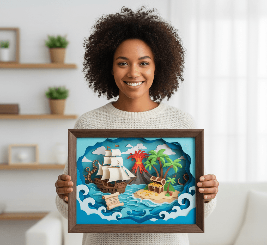 Woman displaying layered paper art pirate ship treasure island scene in walnut shadowbox frame with matting