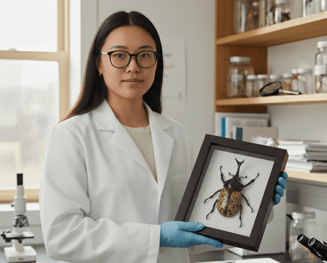 Lab scientist displaying mounted beetle insect specimen in walnut shadowbox frame for entomology collection