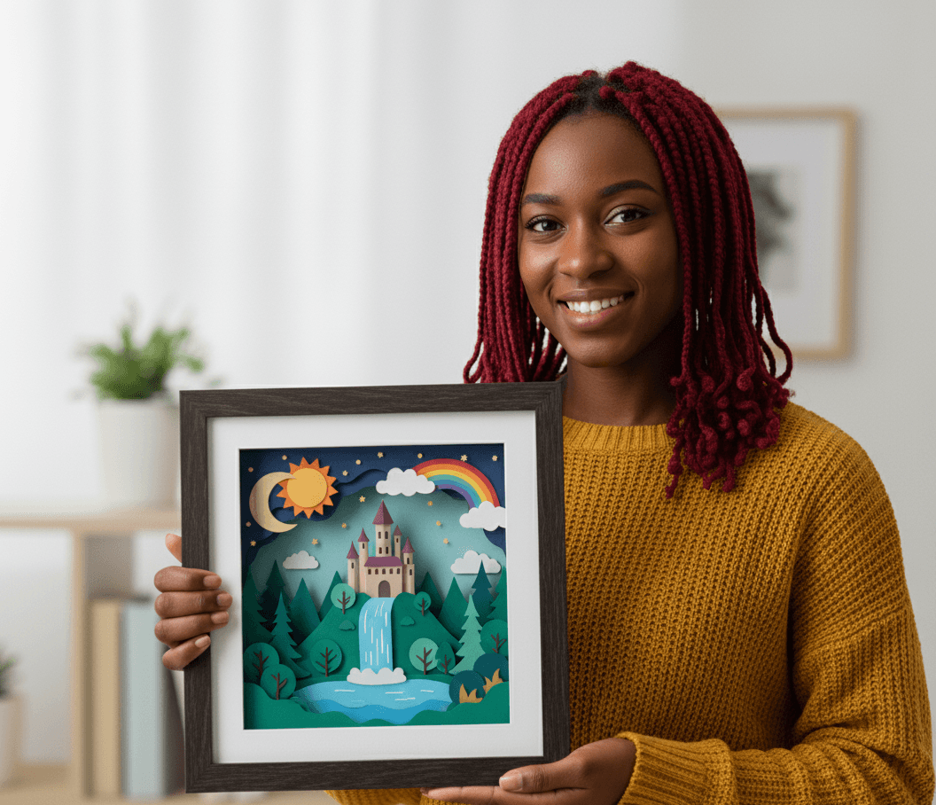 Woman displaying layered paper art fantasy castle with rainbow and waterfall in walnut shadowbox frame