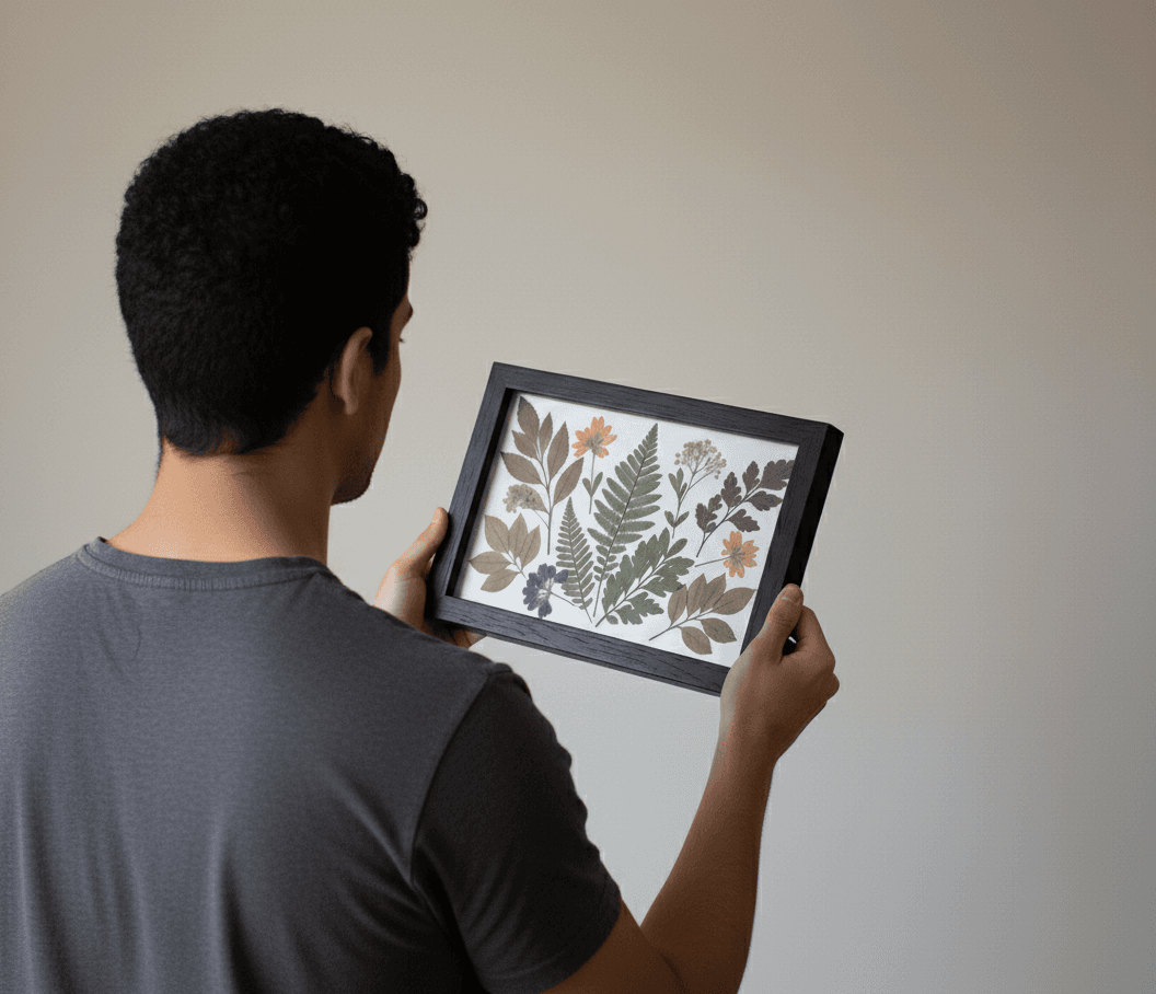 Man viewing pressed botanical leaf fern specimens preserved in walnut shadowbox frame for nature study