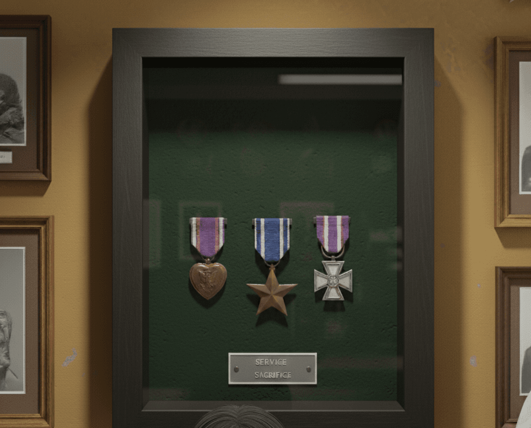 Military valor medals including Purple Heart Silver Star and Navy Cross in walnut shadowbox frame wall display
