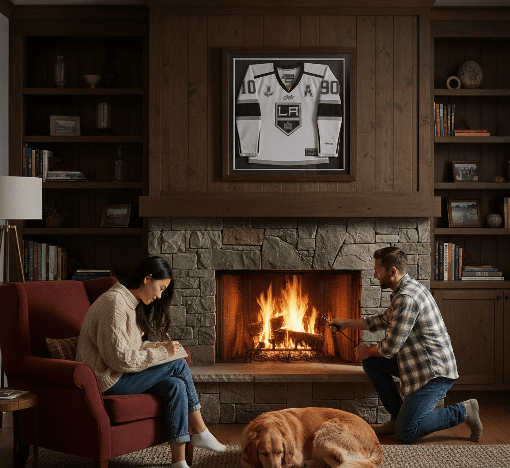 LA Kings #32 hockey jersey in walnut shadowbox frame above fireplace with couple relaxing by fire