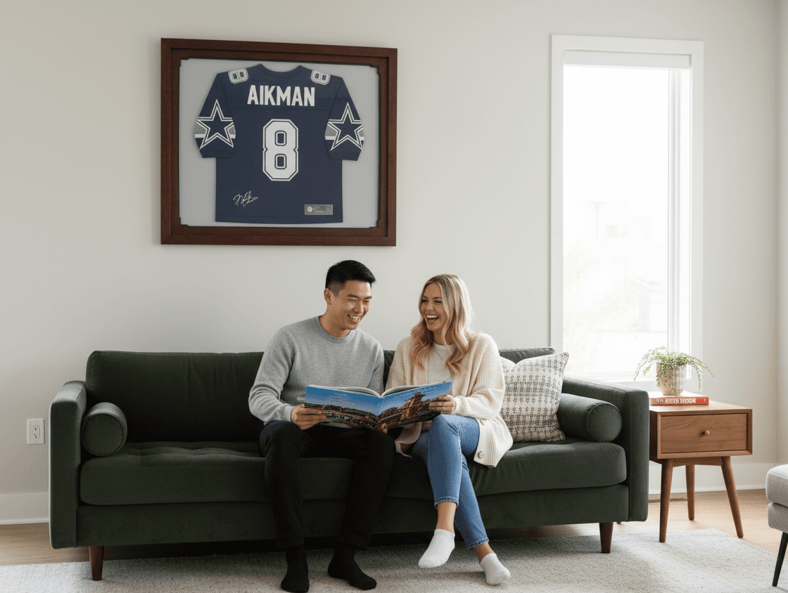 Cowboys #8 AIKMAN autographed jersey in walnut shadowbox frame on wall with couple reading on couch