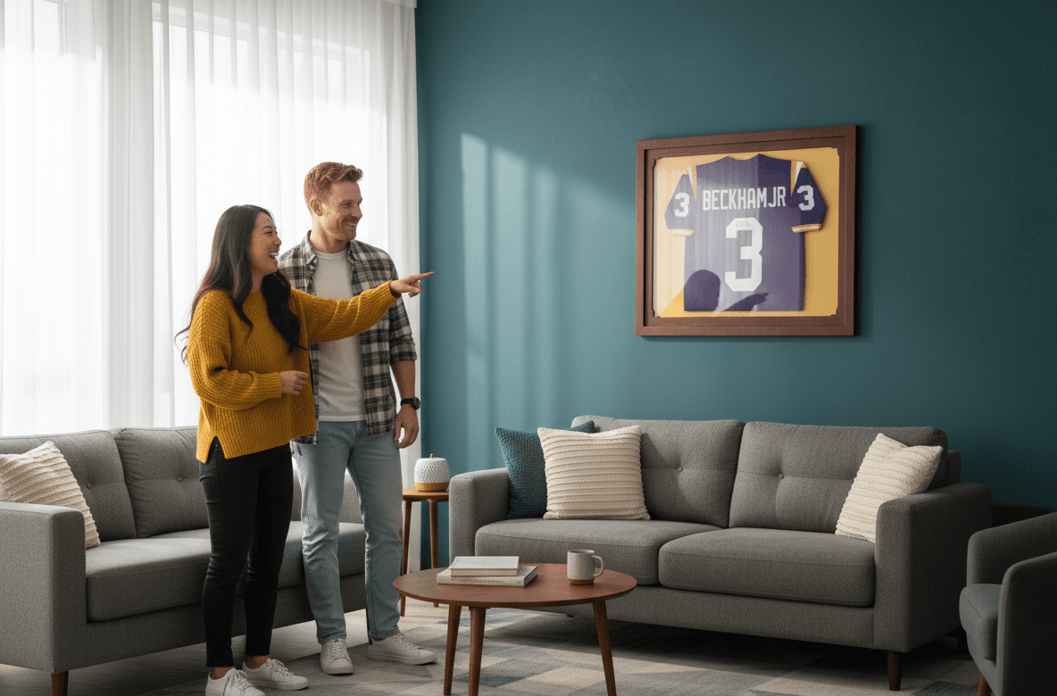LSU #3 BECKHAM JR college jersey in walnut shadowbox frame on teal wall with couple admiring display