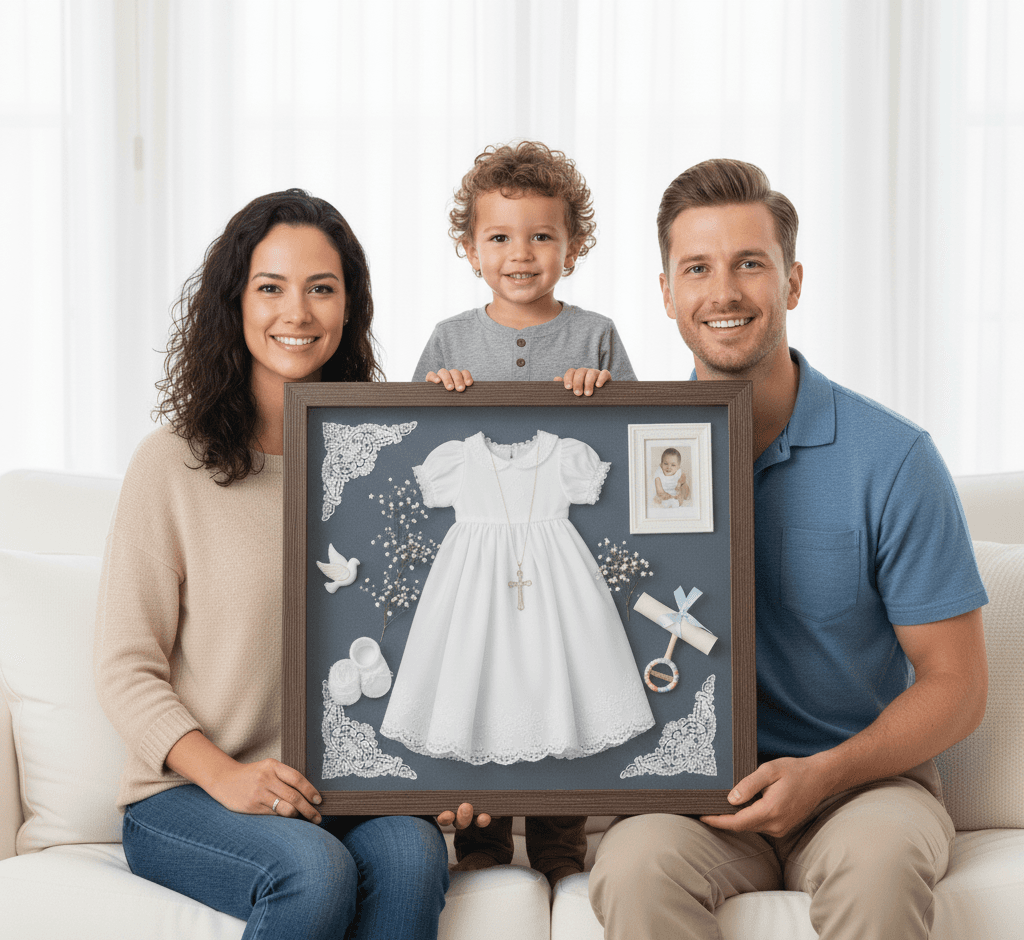 Charcoal Satin Deep Shadowbox frame preserving baptism christening keepsake with white lace gown, baby photo, cross, decorative accents, and baby's breath flowers on charcoal backing. Family of three displays custom 1 inch wide picture frame with 1 inch depth creating treasured religious milestone memorial in bright modern home. This deep shadowbox frame protects delicate christening garments and dimensional religious symbols with professional preservation. Custom frames ideal for baptism gifts, christening keepsakes, first communion displays, and religious milestone preservation with archival protection for heirloom garments.